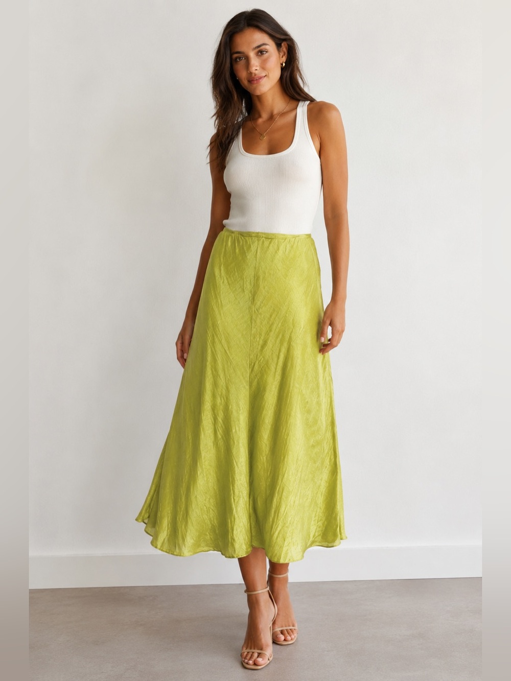 EILEEN FISHER Chartreuse Green Linen Silk Blend Midi Maxi Skirt Size M